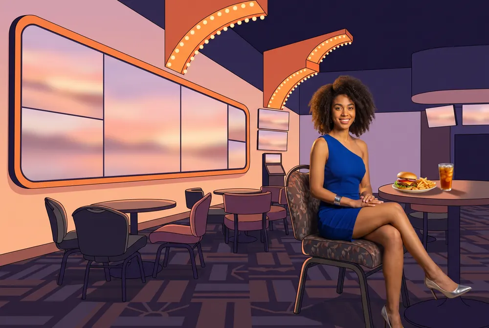Woman with a burger in the casino sports bar