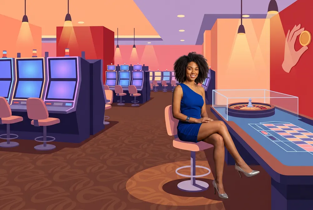 Woman in a blue dress by the roulette table