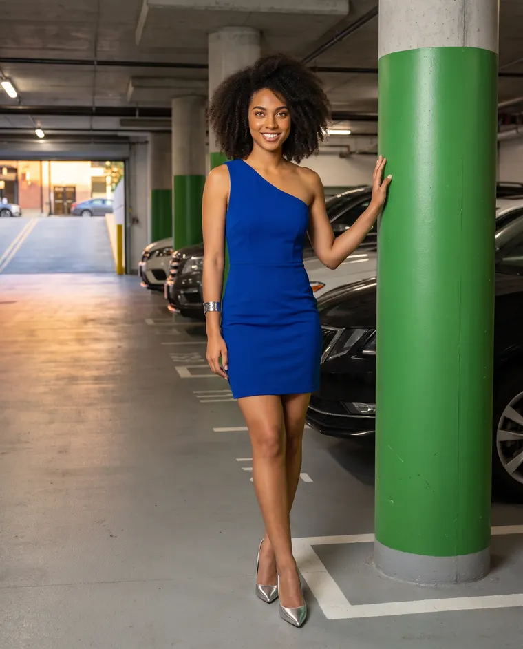 Woman by a green pillar in a parking garage